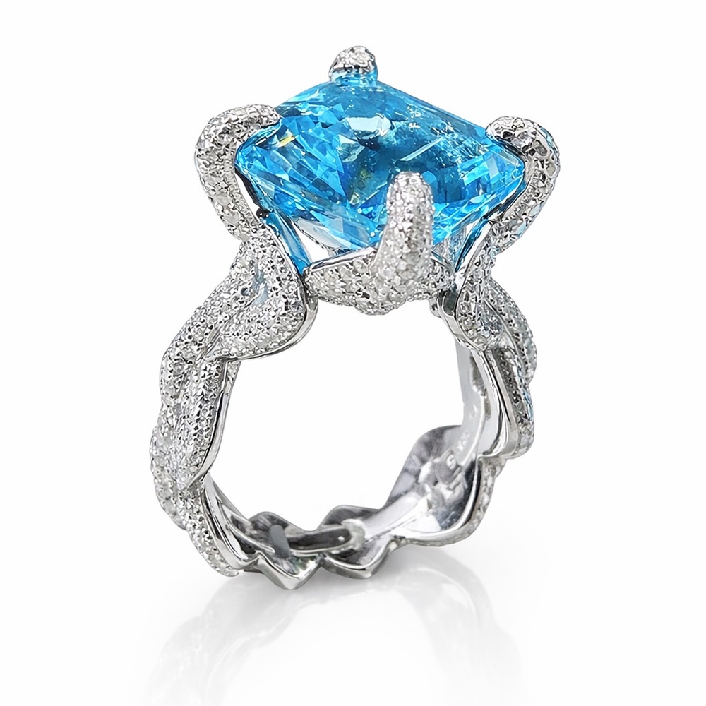 Stunning 12 Carat Blue Crystal Pave Cocktail Ring - Picture 3 of 7